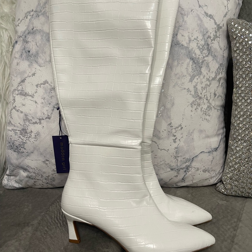Madden Girl White Croc-Embossed Heeled Boots